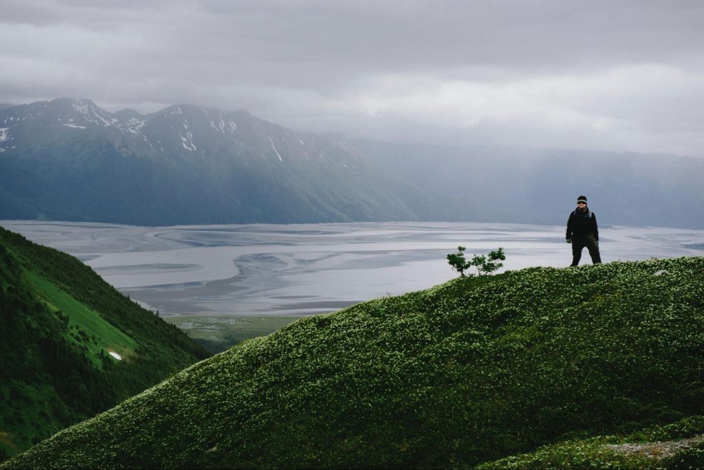 Mist-covered mountains line the green mudflats of the Turnagain Arm of Cook Inlet in Alaska. Photo: Chris Boese