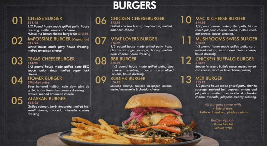 Alaskan Burgers and Brew menu