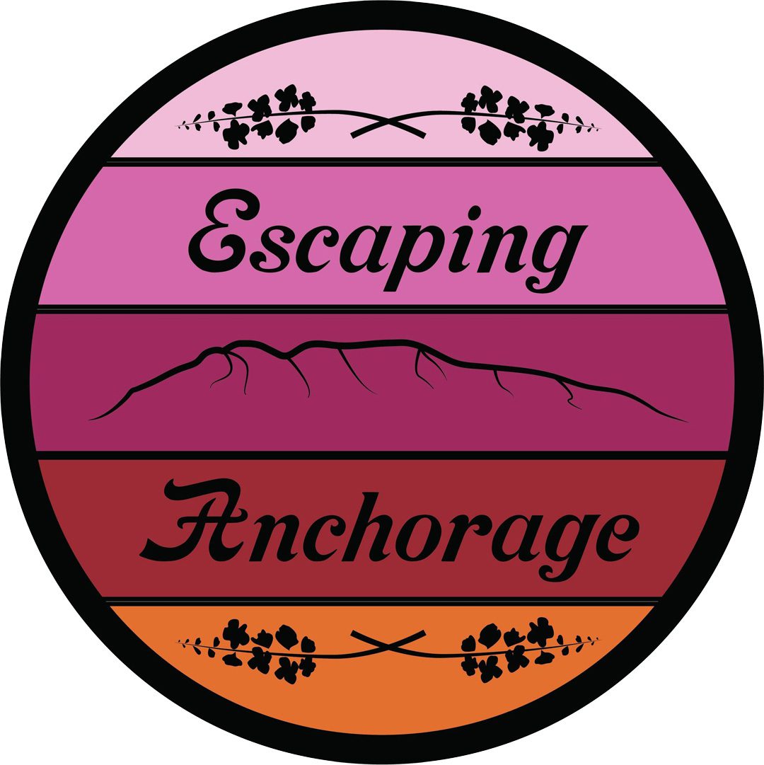 Circular logo with pink and red gradient background, featuring "escaping anchorage" text and mountain silhouette, bordered by floral motifs.
