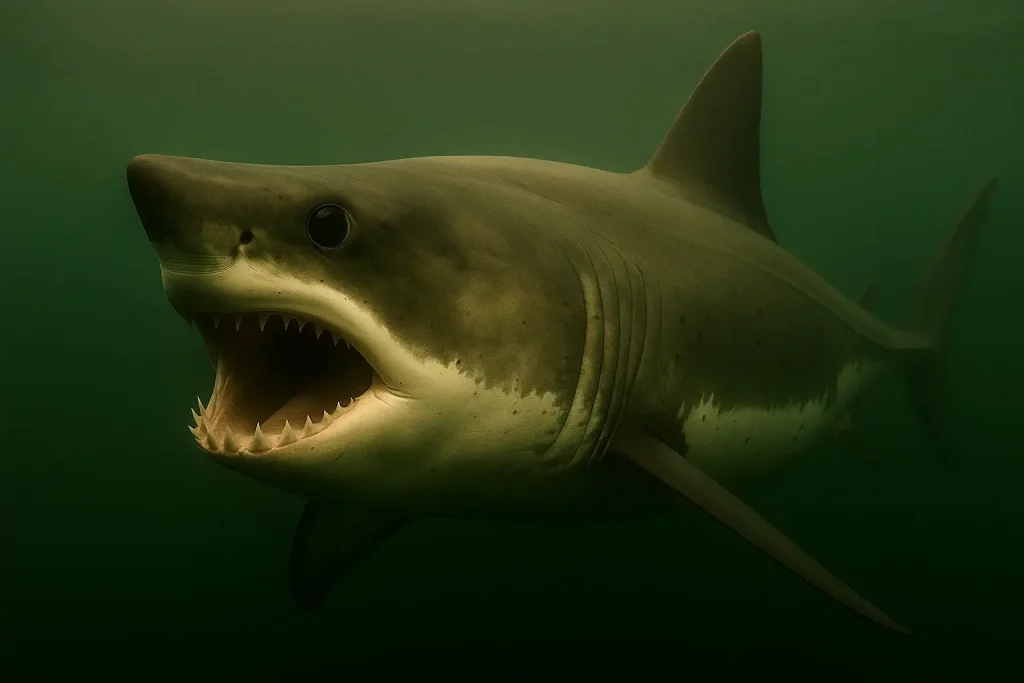 A great white shark swims underwater with its mouth open, displaying sharp teeth and its dorsal fin visible above its body—one of many curious facts for those fascinated by ocean life far from Alaska.