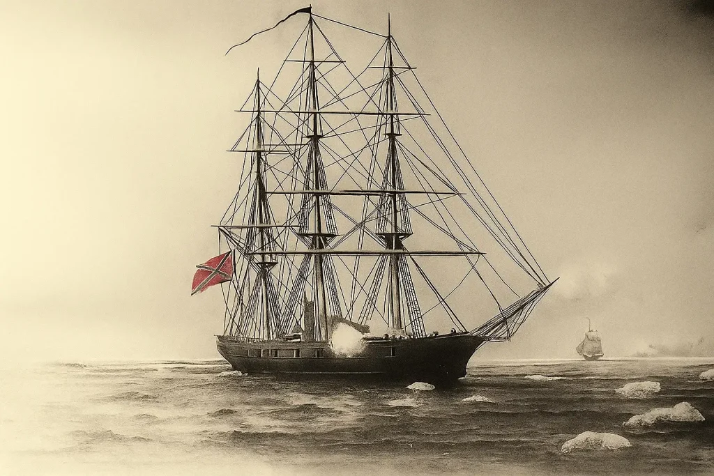 A nineteenth-century sailing ship flies a Confederate flag, sails among floating ice in Alaska, and emits smoke from its side; another ship is visible in the distance—a scene full of curious facts.