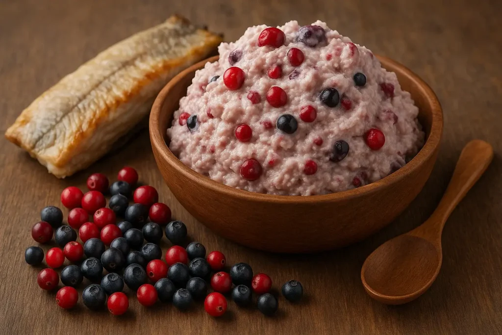 A wooden bowl of berry-topped porridge sits next to a wooden spoon, mixed berries, and a fillet of smoked fish on a wooden surface—a delicious nod to classic Alaska flavors and curious facts about traditional cuisine.