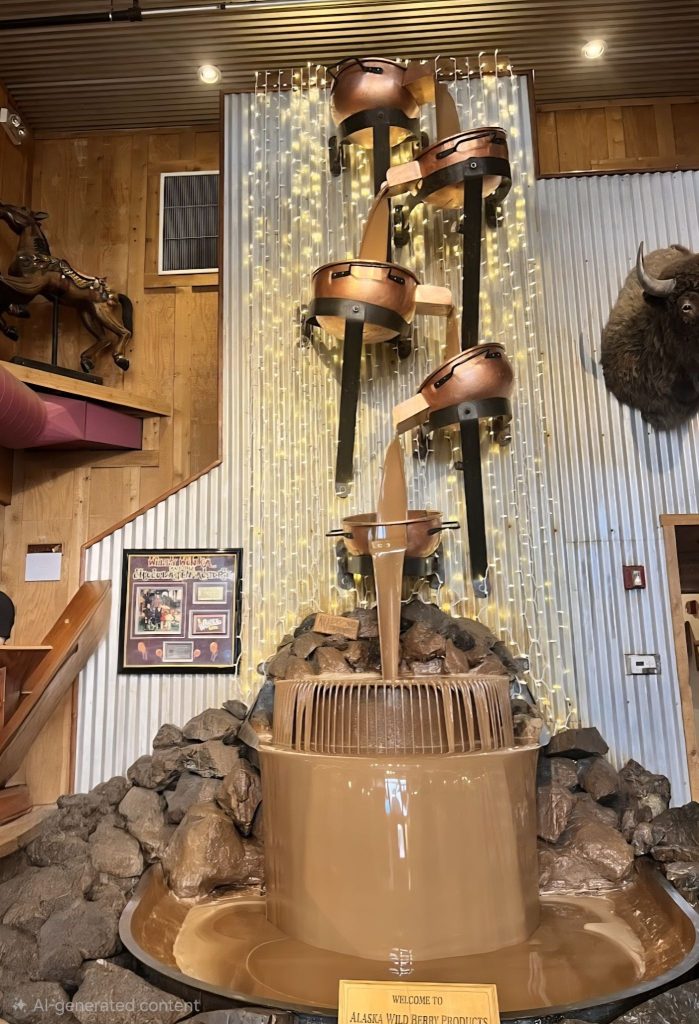A cascading chocolate fountain display with drums mounted vertically on a rocky base in a rustic indoor setting, featuring wood paneling and string lights.